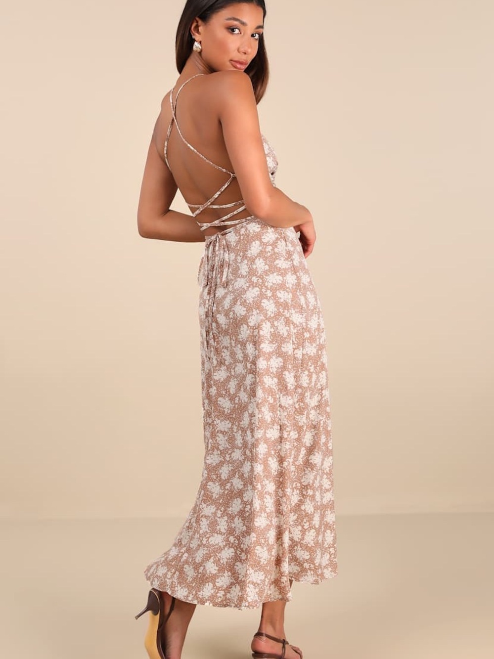 Lulus Picturesque Moments Brown Floral Print Strappy Maxi Dress Size Medium - Picture 3 of 8